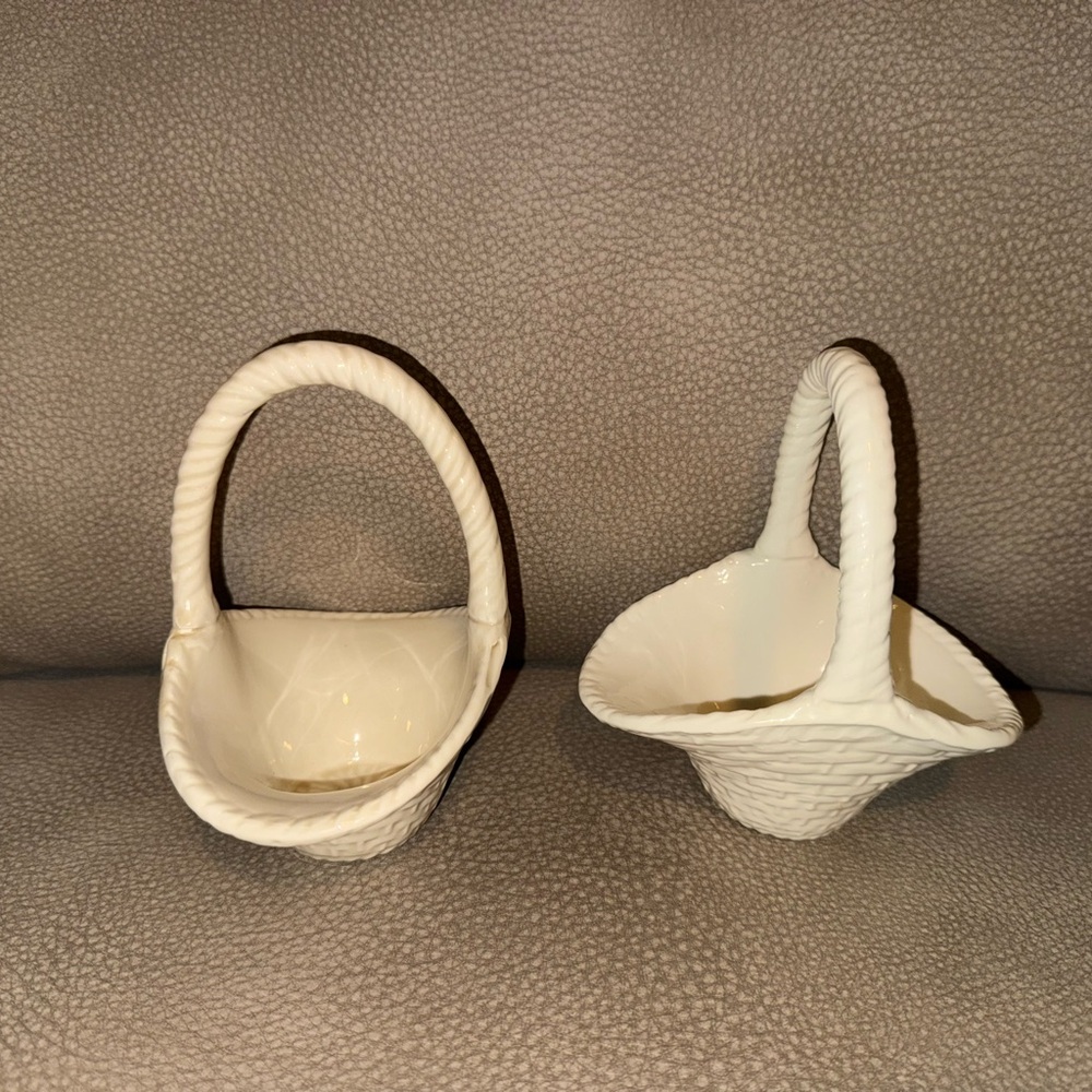 Pair of Vintage Ceramic Basket Figurines – White Woven Style